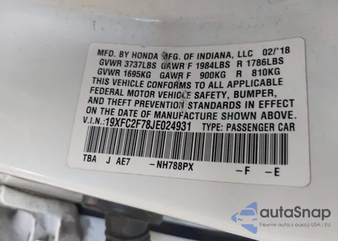 2018 Honda Civic Ex z USA, uszkodzony, nr VIN 19XFC2F78JE024931